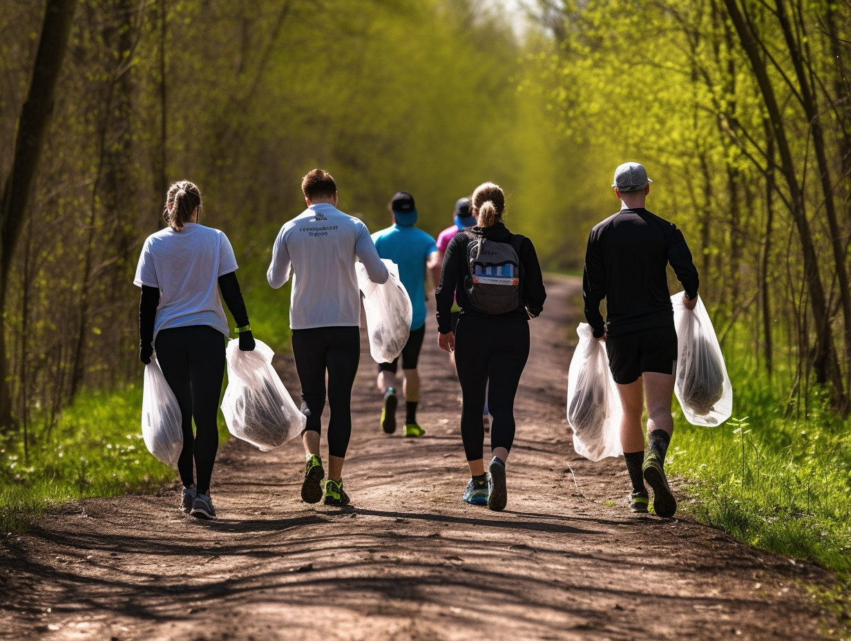 Jogger in Lichtenrade sammeln Müll beim Plogging entlang des ehemaligen Mauerstreifens